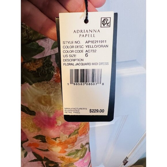 Adrianna Papell Metallic Floral Jacquard Midi Dress Sz 6 Yellow Orange Fit Flare - Picture 9 of 10